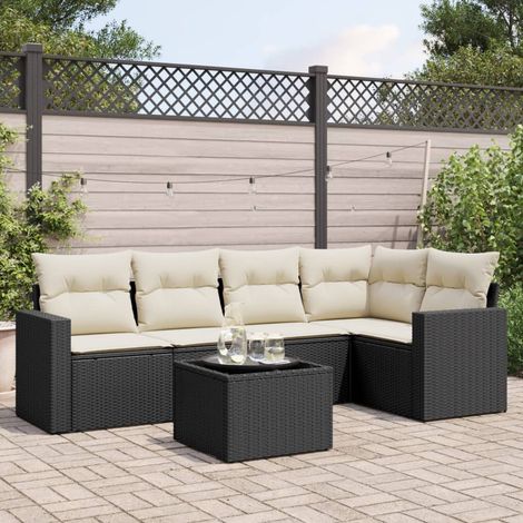 Salon de Jardin 6 Pièces Résine Tressée Noire avec Coffres de Rangement et Coussins - PANGIVO (1/3)