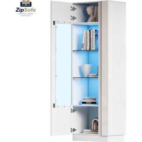 Armoire vitrine 60x40x180cm, porte acrylique, 3 étagères en verre, LED, laqué brillant, blanc, rangement, haut, salon (1/5)