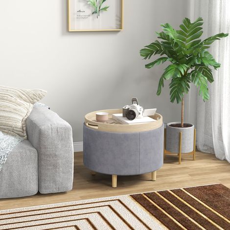 Pouf Contenitore Tessuto Sherpa da 120 kg max con Vassoio a Ribalta, in MDF e Faggio, 56x56x42 cm, Grigio