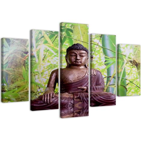 Quadri Quadro 5 pezzi Stampa su tela Buddha Meditazione Verde - 150x100 (1/5)