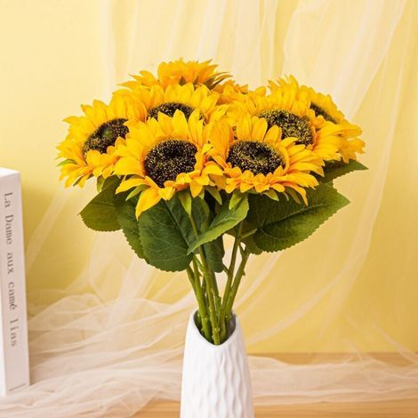 6 pièces longue tige artifici tournesols tournesol fleur de soie pour extérieur maison mariage fête d'anniversaire décoration couleur jaune (1/5)
