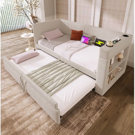 Daybett 217x98x74 cm, ausziehbares Bett, Ladebereich und Getränkehalter, Holz Baumwolle Metall, Beige (1/5)