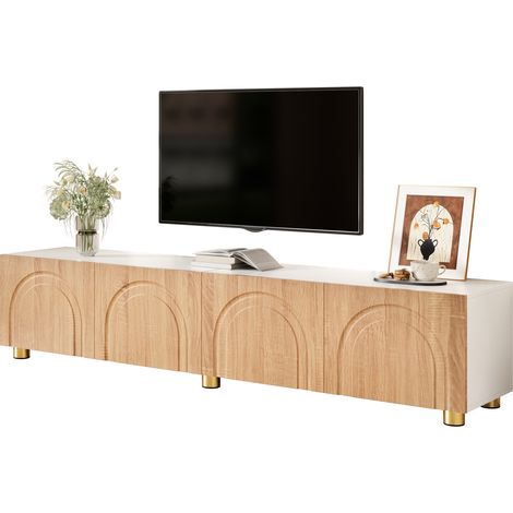 Meuble TV bas moderne avec moulures en relief, 4 portes, pieds en métal (1/5)