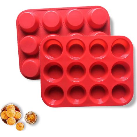2 Pièces Moule Mini Quiche Rouge, Silicone Muffin Tin 12 Moules, Plaque Mini Four Muffins Silicone, Sans BPA Plaque de Cuisson Antiadhésive pour Muffins, Cupcakes, Glaces, Tartes et Desserts,Parent,-