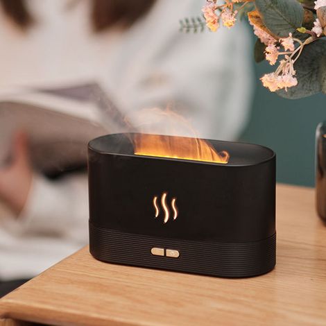 Diffuseur d'huiles essentielles à effet flamme 3D ultrasonique, silencieux et portable, pour le bureau et la maison (noir). (1/5)