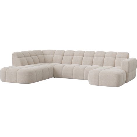 Mobilier Deco – Canapé d'angle panoramique en tissu beige – 5 places – Méridienne confortable – Style moderne et élégant (1/4)