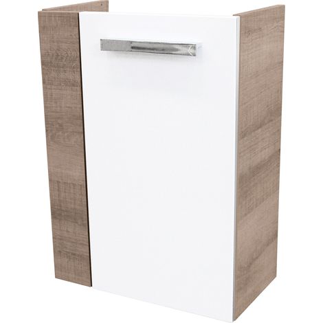Fackelmann A-VERO Waschbeckenunterschrank schmal – Unterschrank für Waschtisch im Gäste-WC (44 cm x 60 cm x 24,3 cm) – Türanschlag rechts – SBC Badezimmerschrank hängend in Braun hell/Weiß"-"86029 (1/4)