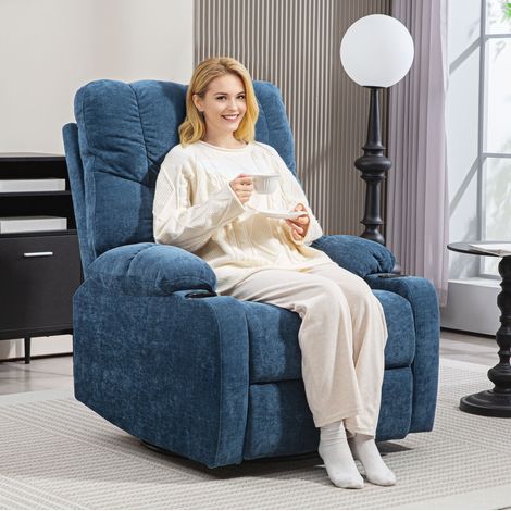 Fauteuil relax 88x96x108 cm bleu en polyester avec fonction inclinable, pivotante, bascule et repose-pieds (1/4)