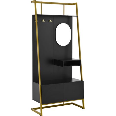 ELVMI Garderobenständer mit 2 Türen, Spiegel, Haken und Schuhbank für Flur aus MDF 78×38.5×180.5 cm Schwarz (1/5)