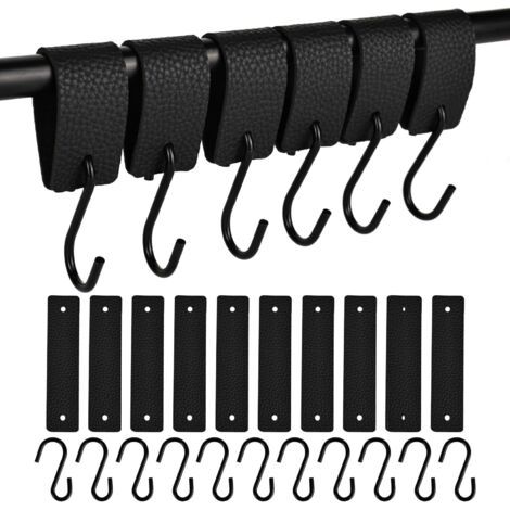 Lot de 10 crochets en S en métal noir à suspendre avec boucle en cuir, crochet multifonction pour tringle à vêtements, chambre à coucher, armoire, cuisine (1/5)
