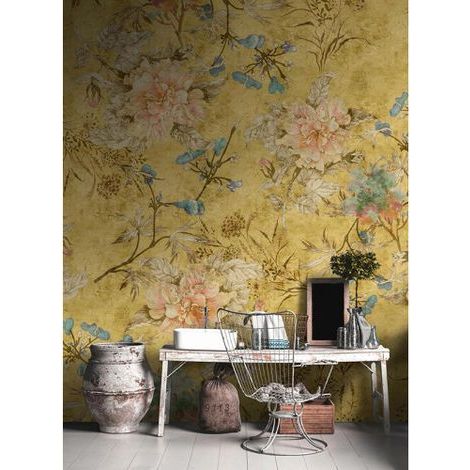 Papier peint panoramique floral romantique beige Tapisserie panoramique vintage fleurie pour cuisine Papier peint panoramique couloir & escalier (1/3)