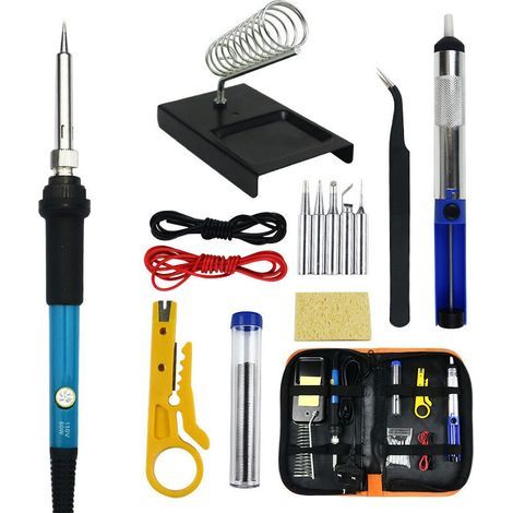 Coffret de 15 fers à souder électroniques, outil de soudage à température réglable de 60 W, 5 pannes à souder, pompe à dessouder, support de fer à souder, pincettes (1/5)