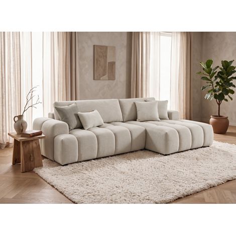 Canapé d'angle convertible avec coffre en tissu texturé beige (1/5)
