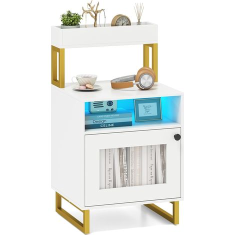 COSTWAY Comodino con Luci LED, Comò Moderno con Vassoio Superiore, Scomparto,Bianco (1/5)