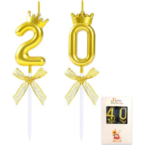 Bougie dorée en forme de chiffre 20 avec couronne pour garçon et fille - Décoration de gâteau d'anniversaire ou d'anniversaire de mariage (1/5)