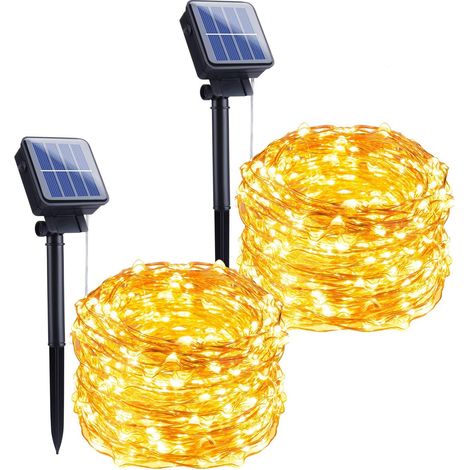 Guirlande lumineuse solaire d'extérieur, lot de 2, 33 pieds, 100 LED, 8 fils de cuivre étanches (blanc chaud) (1/2)
