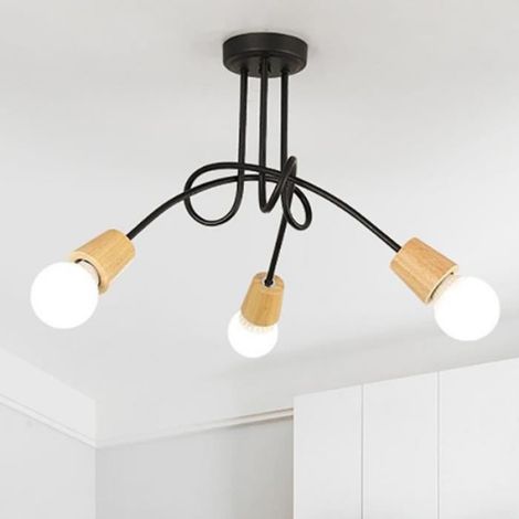 SNO Moderne 3-flammige Deckenleuchte, Vintage-Industrie-Deckenleuchte aus schwarzem Metall und Holz, E27-Fassung für Wohn-/Schlafzimmer (1/4)