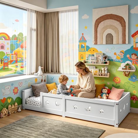FOERPL-Kinder-Bodenbett 90 x 200 cm, Montessori-Bett mit Sicherheitsgitter und Lattenrost, verstärktes Kinderbettgestell aus massivem Kiefernholz Kinderbett mit Sternen und Mond