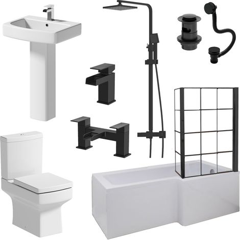 Aquari Complete Bathroom Suite Black RH Shower Bath Screen Basin Pedestal Toilet 1700mm (1/5)