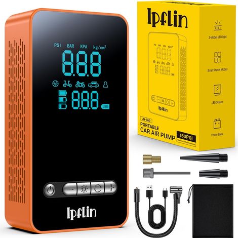 Tragbarer Luftkompressor, kabelloser Reifenfüller mit LED-Anzeige und USB-C-Anschluss, 150 PSI, Akku, Schnellaufpumpfunktion, automatische Abschaltung, für Autos, Fahrräder und Motorräder – Orange