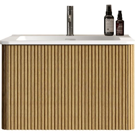 Mobile lavabo bagno sospeso 60 cm rovere naturale con lavabo in Mineralguss, preassemblato (1/5)