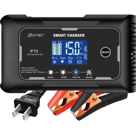 Chargeur, booster et câbles de démarrage, Chargeur de maintien au plomb-acide (AGM/Gel/SLA)/Lithium lron LiFePO4, 12V/15a 24V/10a, chargeur de batterie de voiture pour réparation d'impulsions (1/5)