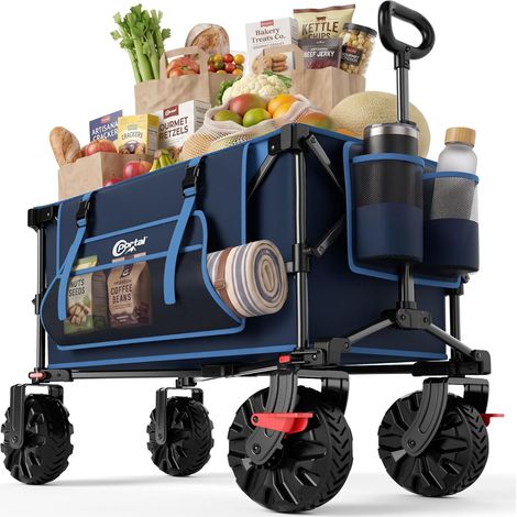 Chariot Pliable Camping XXL 250L 150kg Tout Terrain Roues 360° Capacité 250L, Charge 150kg, Roues tout-terrain 360°, Frein de pied, Poignée 90°, Pliage rapide (1/5)