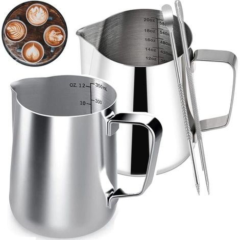 Milchkännchen aus Edelstahl, 2-teilig, Kaffeemilchkännchen mit Messmarkierung und 2 Latte-Art-Stifte für Barista Cappuccino Espresso (350 ml, 600 ml) (1/4)