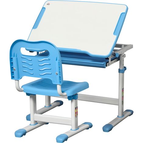 Bureau enfant pour 6-12 ans avec chaise réglable, tiroir et plateau inclinable, 66 x 47 x 52-77 cm, bleu (1/5)