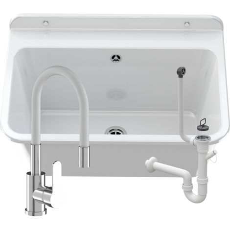 Évier Utilitaire - Blanc - 610x410x300 mm - Polypropylène Résistant - Installation Facile - Sortie Lave-Linge - Large (1/5)