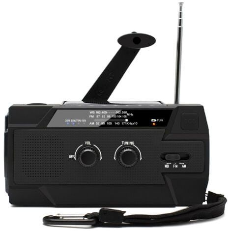 Tragbares Kurbelradio mit Solarfunktion, wiederaufladbares Dynamo-Radio mit AM/FM/WB, integriertem 4000mAh Akku, 4 LED-Taschenlampenmodi, SOS-Alarm für Notfälle im Freien, Schwarz