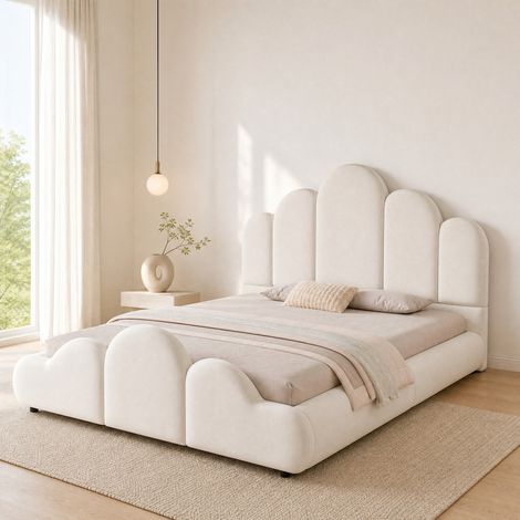 Letto bambino 140 x 200 cm in velluto beige con testiera imbottita, angoli arrotondati DESVIAE (1/5)