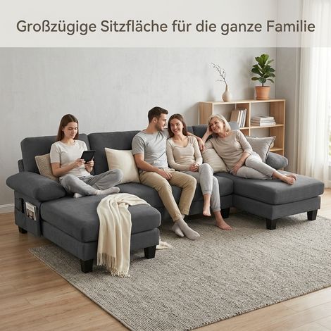 Canapé en U 4 places en chenille avec chaise longue réglable. Convertible en lit d’invités,confortable pour salon et bureau,gris. (1/5)