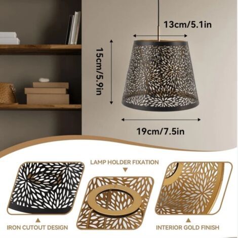 Abat-jour en métal, style arbre forestier E26/E27, couvercle décoratif en fer creux avec motif doré intérieur pour lampe (noir) (1/3)