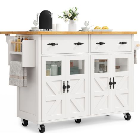 Îlot central de cuisine mobile - Plateau extensible - 140x73x93.5cm - 2 tiroirs et 3 portes vitrées - étagères ouvertes - avec porte-serviettes - MDF - Blanc (1/5)