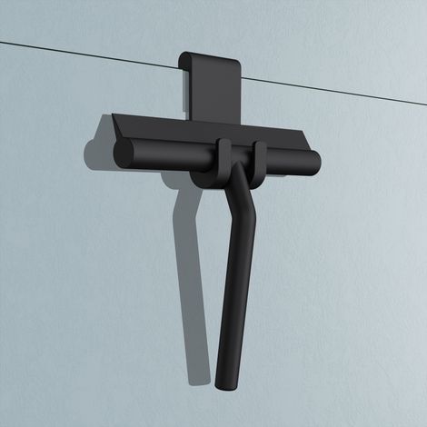 Raclette douche silicone noir mat avec support mural sans perçage, poignée antidérapante 19x21 cm (1/5)
