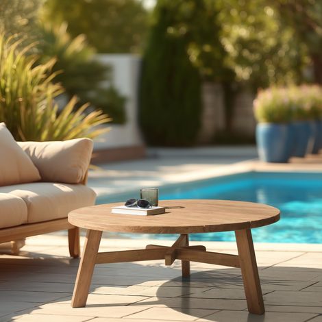 KALLY - Table basse de jardin ronde en bois de teck recyclé naturel D95cm (1/5)