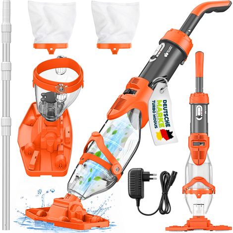 tillvex Poolsauger Orange/Anthrazit mit Akku & Teleskopstange + Ersatzfilter bis zu 15 m³ Pool Bodensauger elektrisch Poolreiniger mit Filter & 60 min Laufzeit Handsauger Reinigungsset kabellos