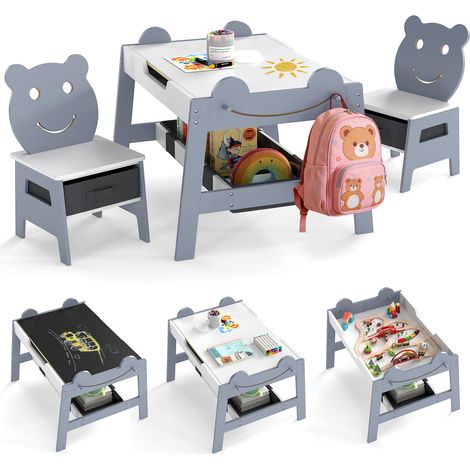 Bureau Enfant 3-10 Ans avec 2 Chaises, avec Tableau Noir/Tableau Blanc Réversible, 4 Crochets, Compartiment de Rangement et Bacs, Gris(Style 1) (1/5)