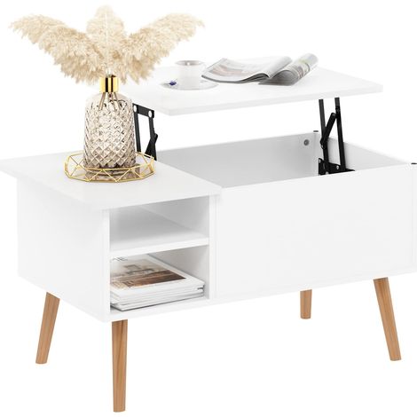Table basse avec plateau relevable avec pieds en bois, compartiment caché et étagère latérale ouverte pour le salon, blanc massif (1/5)