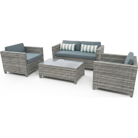Conjunto de Sofas de Exterior + Mesa en Ratan PE Meridian. Muebles de Jardin y Terraza, 138cm, Ratan Gris (1/4)