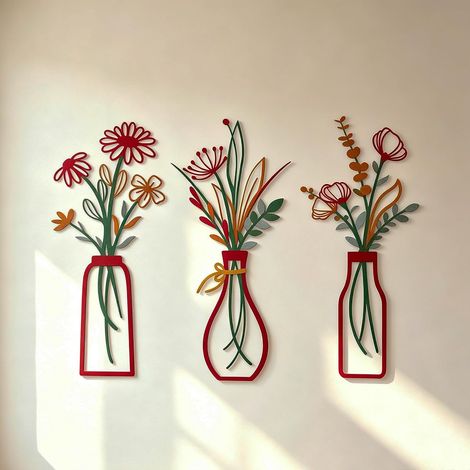 Décoration Murale Métal - Lot de 3 - Style Bohème Rustique - Fleurs et Vases - Salon Chambre Cuisine - Rouge (1/5)