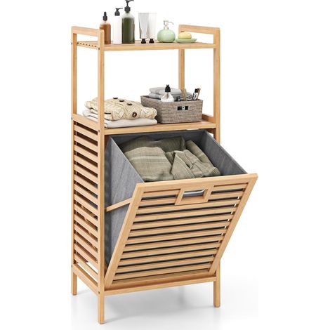 Costway – Meuble de salle de bain en bambou avec panier à linge inclinable – 2 étagères de rangement – Doublure amovible – Dimensions 43,5 x 33 x 96 cm