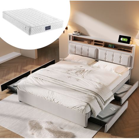 DESVIAE Lit double rembourré 160 x 200 cm avec matelas rangement et tête de lit réglable USB Type C prises 4 tiroirs beige (1/5)