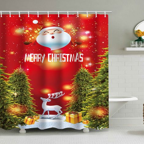 180 x 200 cm großer Duschvorhang mit Weihnachtsmotiv, Weihnachtsmann und Rentier, Badezimmer-Dekorationsset, wasserdichtes Material, inklusive 12 Haken