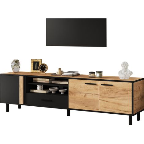 TV Lowboard mit 3 Türen, 1 Schublade und 2 Fächern, für Wohnzimmer, aus Spanplatte, Schwarz und Holzoptik, 180×32.5×50 cm (1/5)