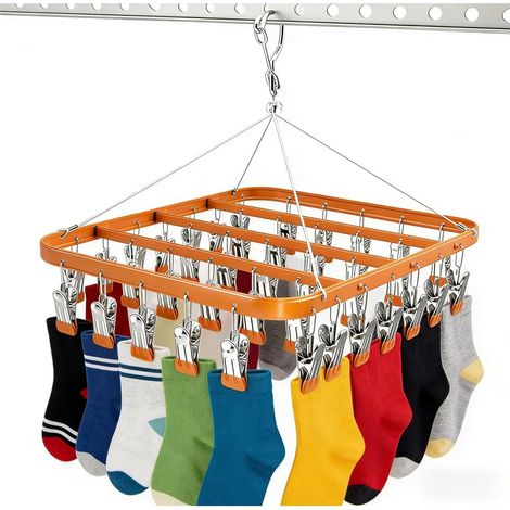 Tendedero metálico con 36 pinzas, gancho resistente al viento y pinza plegable para calcetines, sujetadores y ropa interior (dorado).