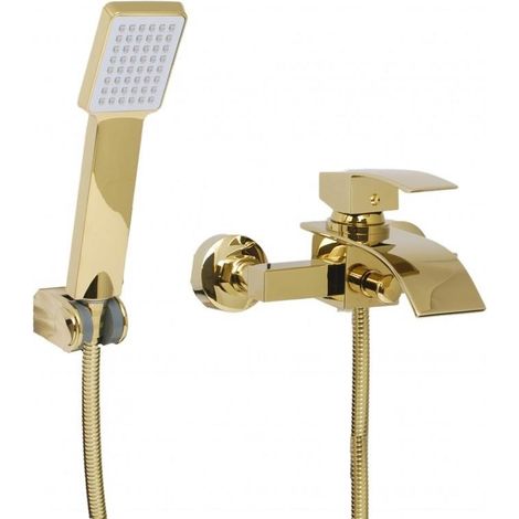 Viking Choice – Mitigeur bain et douche mural or – Bec cascade rigide – Tête céramique remplaçable 30 mm – Flexible 150 cm avec raccord 1/2 pouce (1/5)