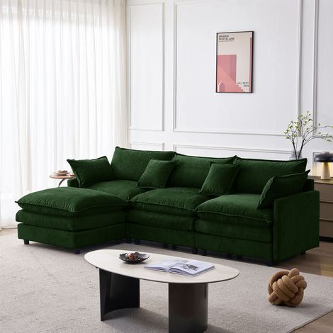 Sofá esquinero modular de 3 plazas con otomana, asiento cómodo, chenilla, verde (1/5)