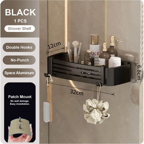 (noir-1) Étagère murale rectangulaire pour salle de bain, porte-serviettes, porte-shampoing mural pour douche, sans perçage (1/5)